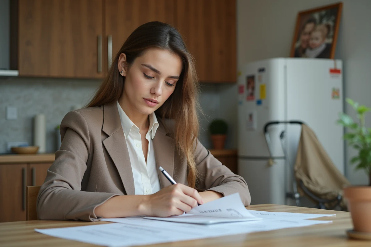 Femme d'une trentaine assise à la cuisine en train de remplir des papiers
