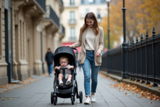 Jeune femme parisienne avec poussette et enfant dans la rue