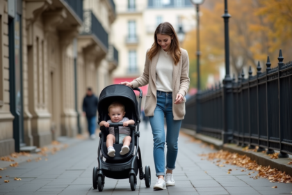 Jeune femme parisienne avec poussette et enfant dans la rue