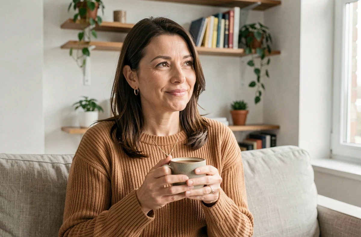 Femme élégante et pensive dans un appartement moderne, évoquant la vie de couple et les confidences du quotidien