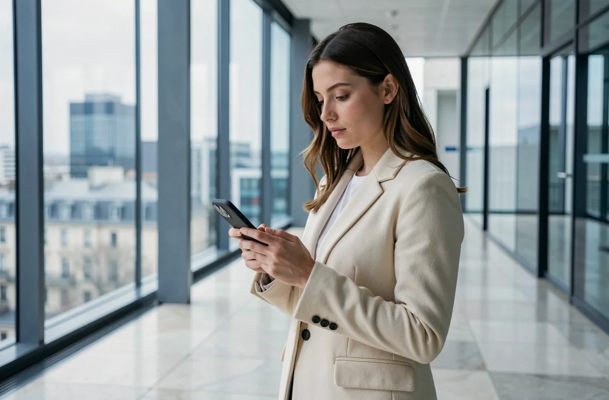 Jeune femme politique française debout seule dans un couloir institutionnel moderne, tenant un smartphone avec une expression pensive et sérieuse