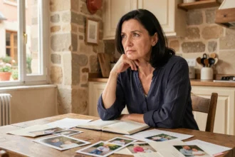 Femme réfléchissant à des photos de famille sur une table en bois dans un appartement français chaleureux