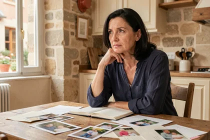Femme réfléchissant à des photos de famille sur une table en bois dans un appartement français chaleureux