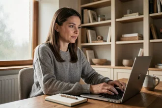 Femme sécurisant son espace personnel en ligne sur un ordinateur portable dans un bureau à domicile