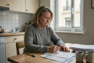 Femme seule qui examine des documents financiers dans une cuisine parisienne après un divorce, illustrant le lien entre divorce et niveau de vie