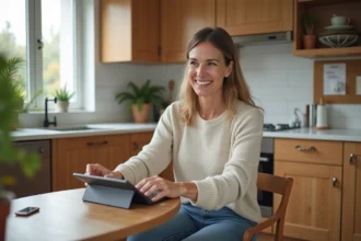 Femme souriante utilisant une tablette pour se connecter à Famileo dans la cuisine
