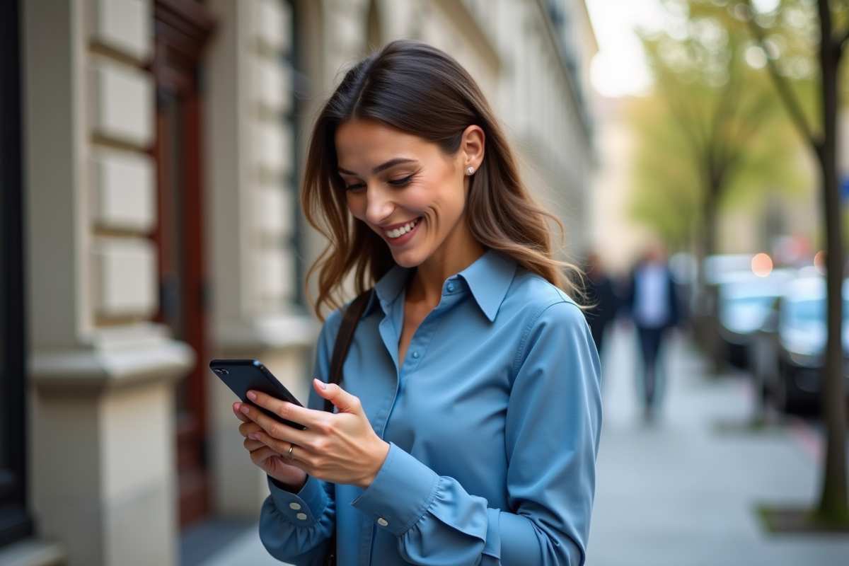 Femme souriante regardant son smartphone dans une rue urbaine