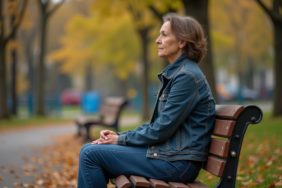 Femme assise seule sur un banc dans un parc en automne