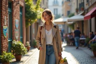 Jeune femme en trench et denim dans la ville de La Maillerie
