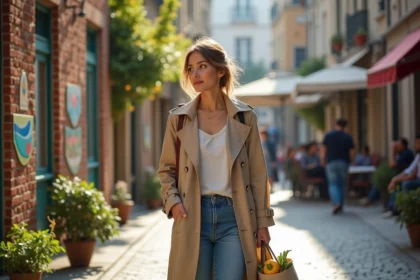 Jeune femme en trench et denim dans la ville de La Maillerie