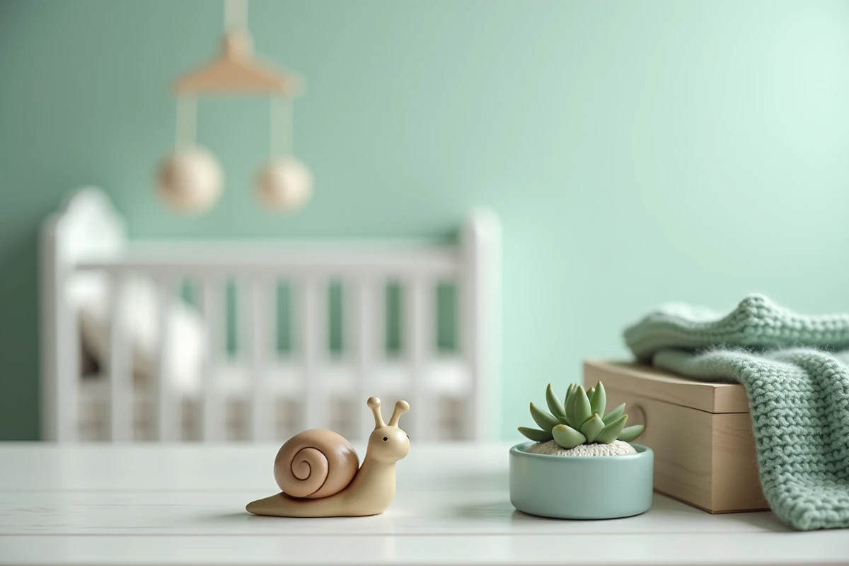 Figurine d'escargot en céramique et boîte à musique sur table de nuit dans une chambre de bébé