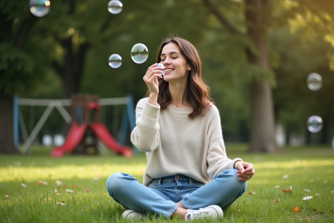 Fille souriante soufflant des bulles dans un parc en plein air
