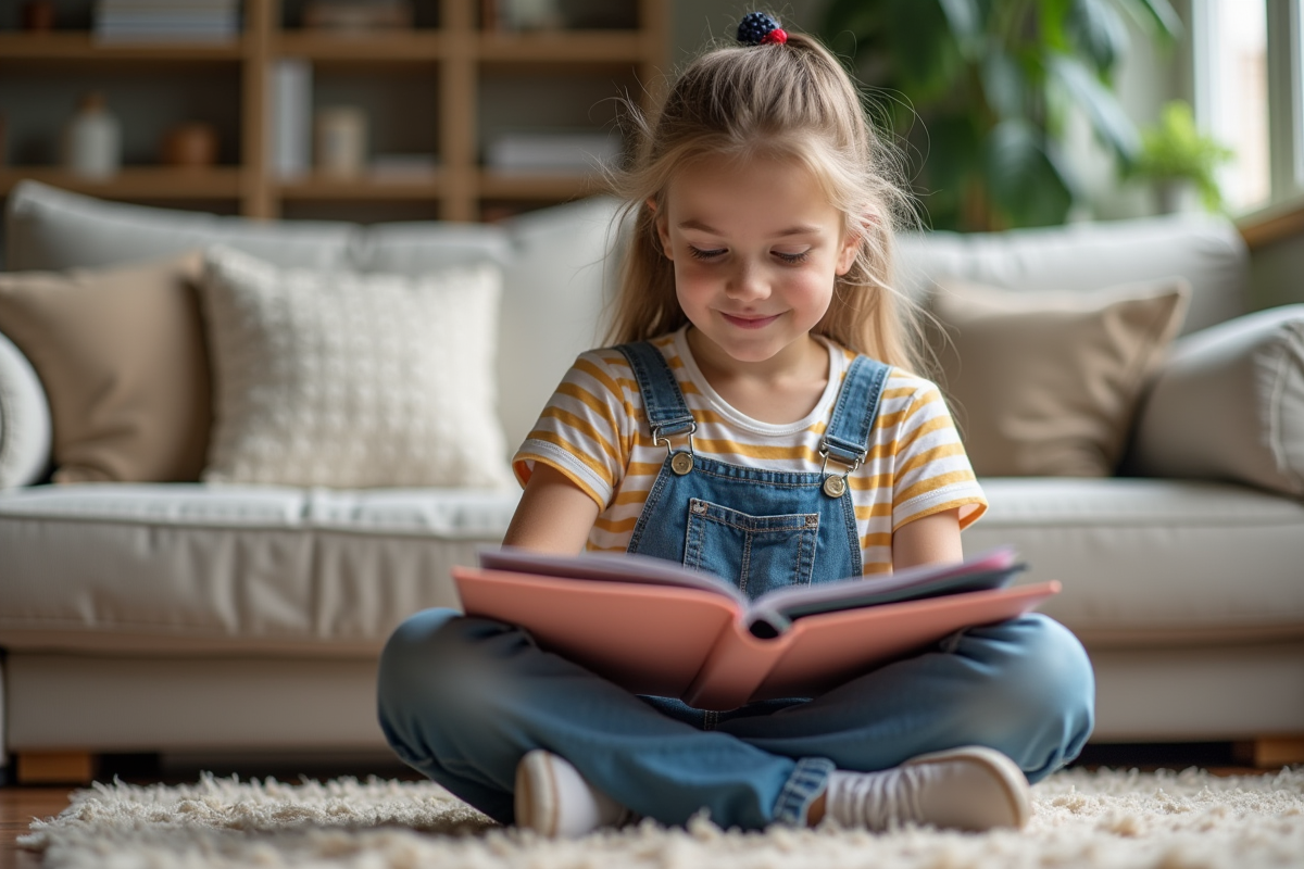 Jeune fille souriante avec ses devoirs dans le salon familial