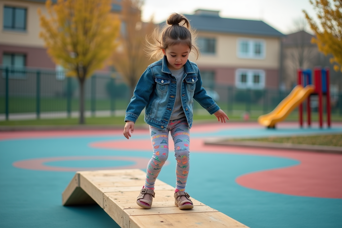 Jeune fille en équilibre sur une poutre en bois dans la cour d