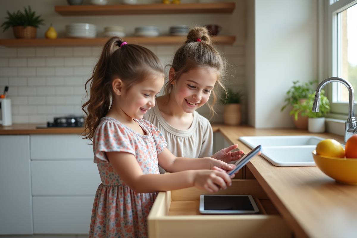 Fille de neuf ans range son tablet dans la cuisine
