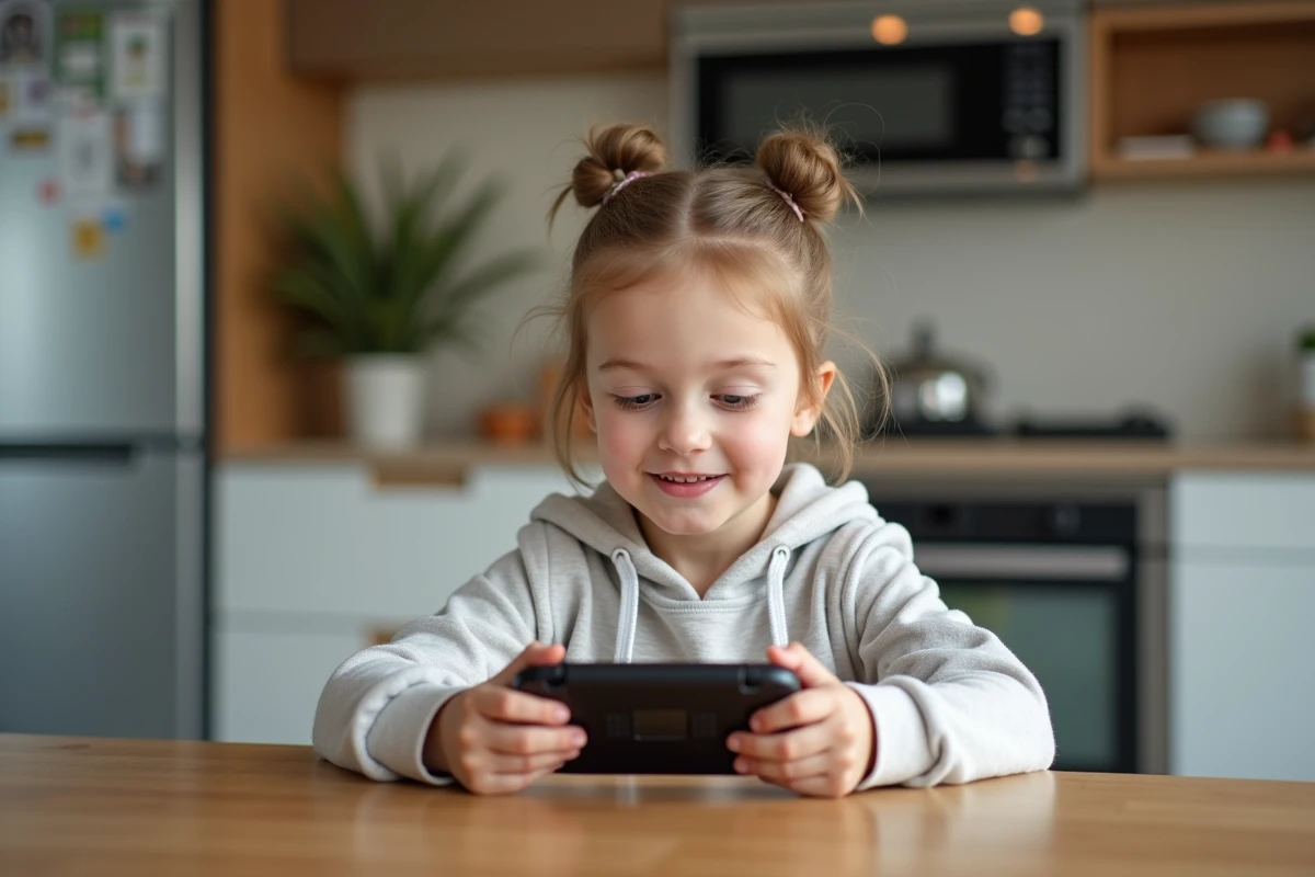 Fille de 7 ans jouant sur une console dans la cuisine