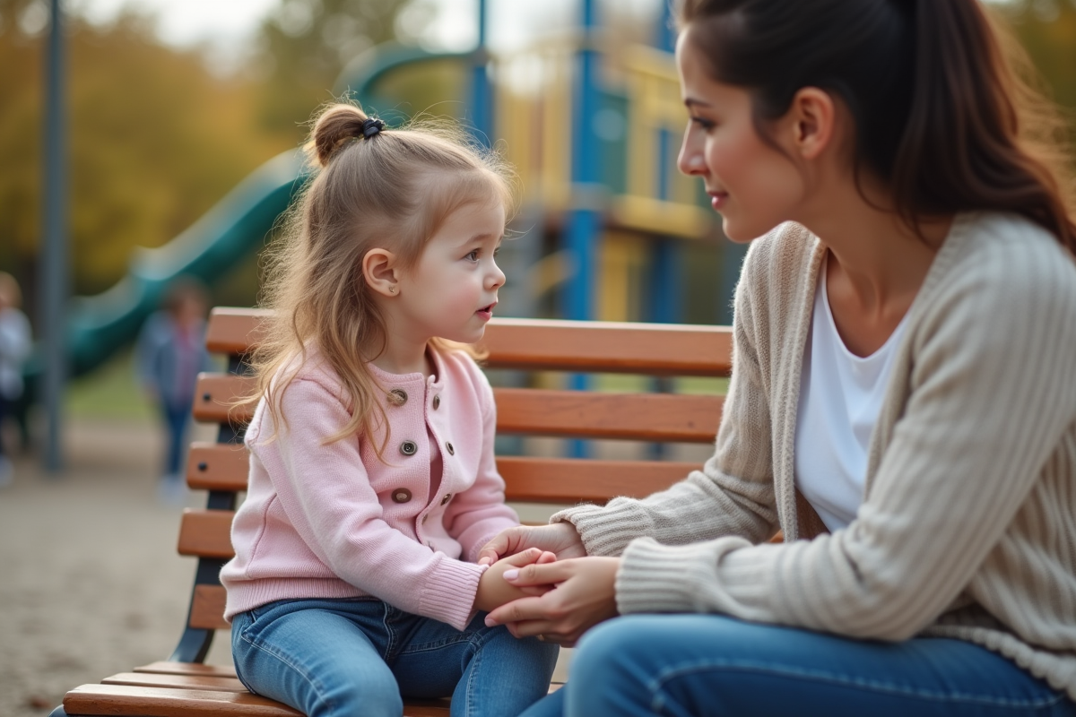 Petite fille de deux ans assise sur un banc de parc avec sa mère