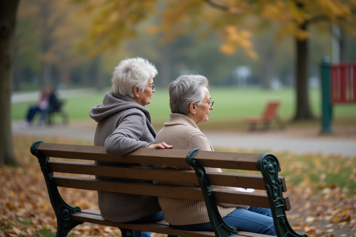 Une fille et sa mère assises dans un parc en automne