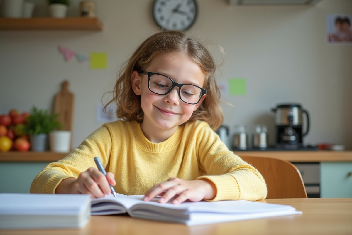 Fille de 10 ans organisant ses dossiers dans une cuisine lumineuse