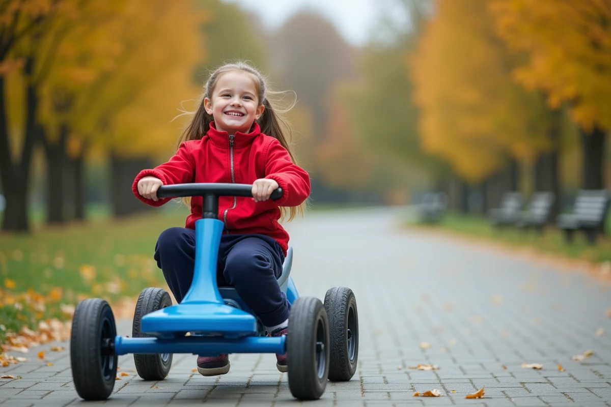 Fille riant en pédalant un kart dans un parc verdoyant
