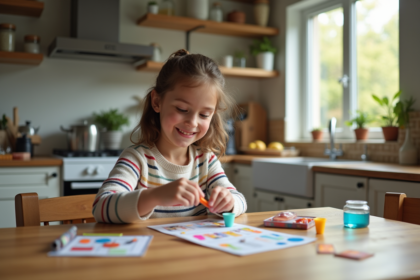 Jeune fille de 9 ans assemble un kit scientifique dans la cuisine
