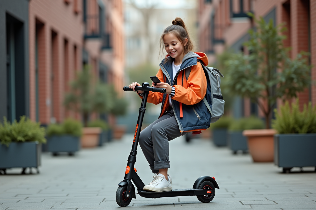 Jeune fille souriante assise sur un scooter en ville