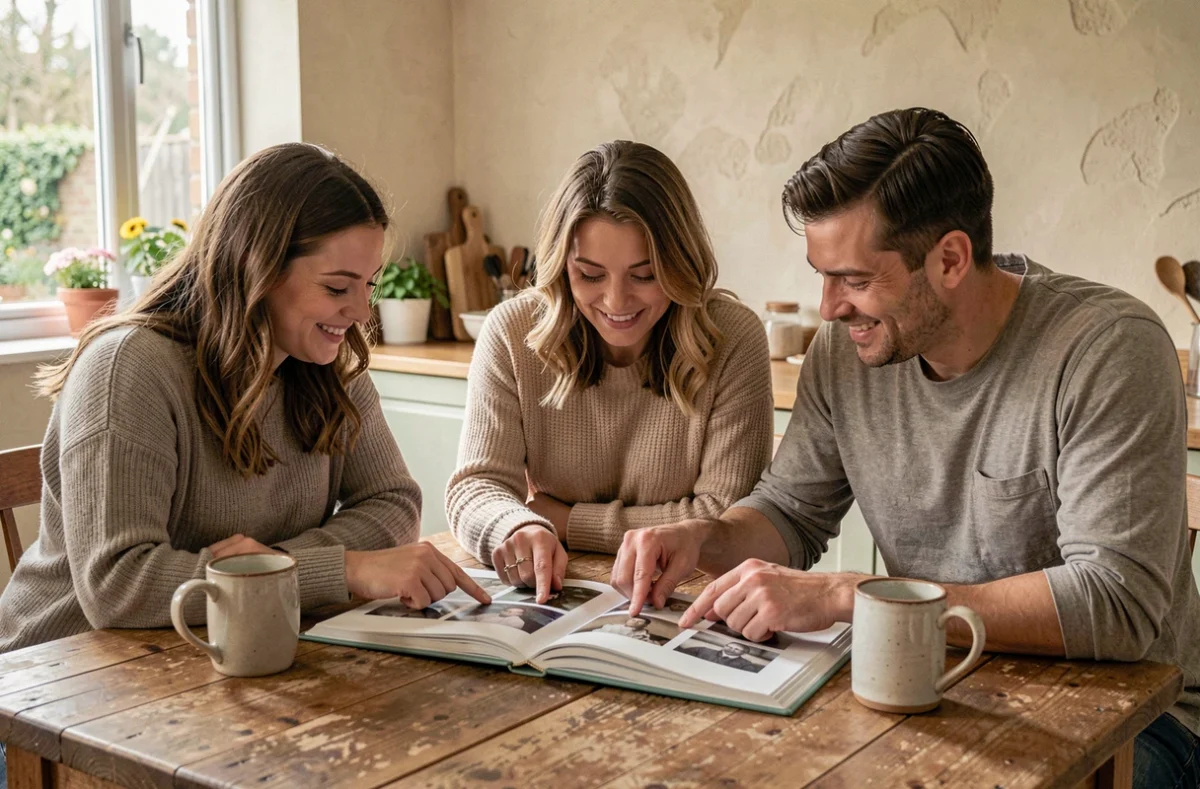 Trois frères et sœurs adultes réunis autour d'un album photo dans une cuisine familiale, évoquant les souvenirs et l'amour fraternel