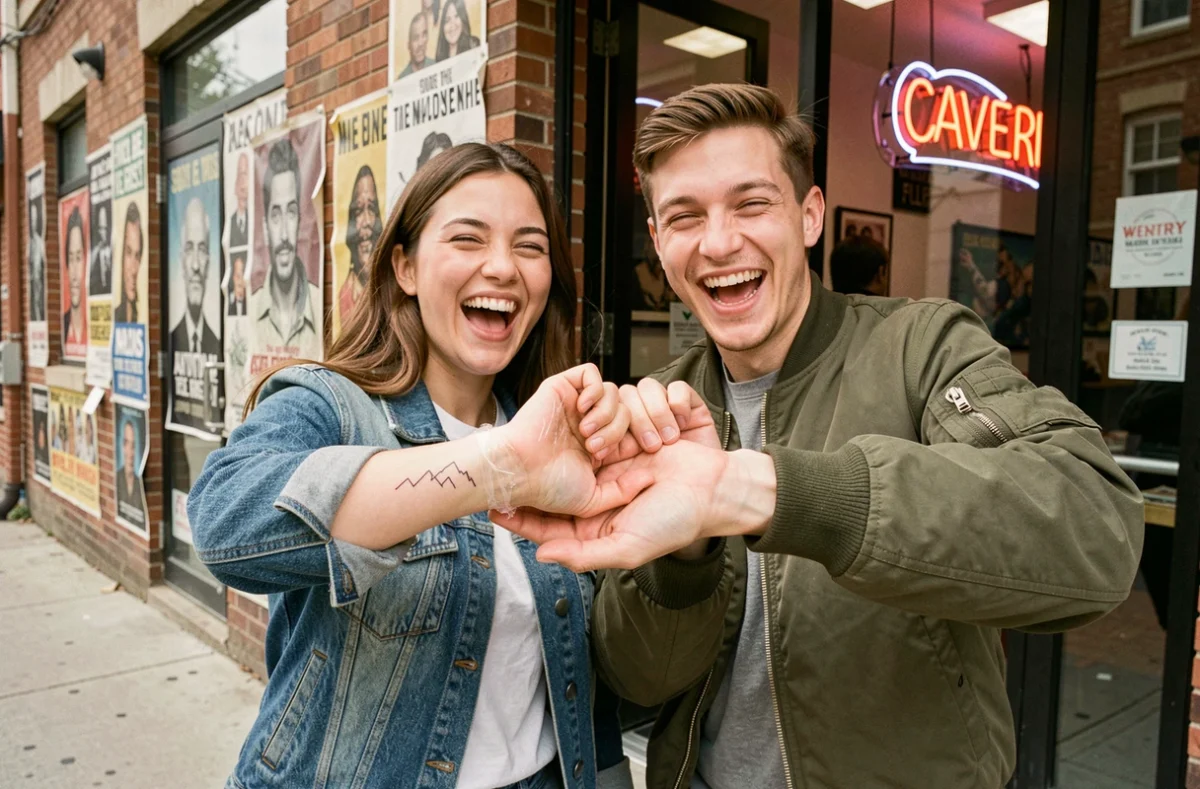 Frère et sœur souriants montrant leurs tatouages assortis fraîchement réalisés à l'extérieur d'un salon de tatouage urbain