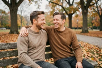 Deux frères adultes riant ensemble assis sur un banc en bois dans un parc en automne, illustrant l'amour fraternel