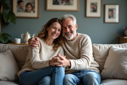Frères et sœurs souriants dans un salon chaleureux