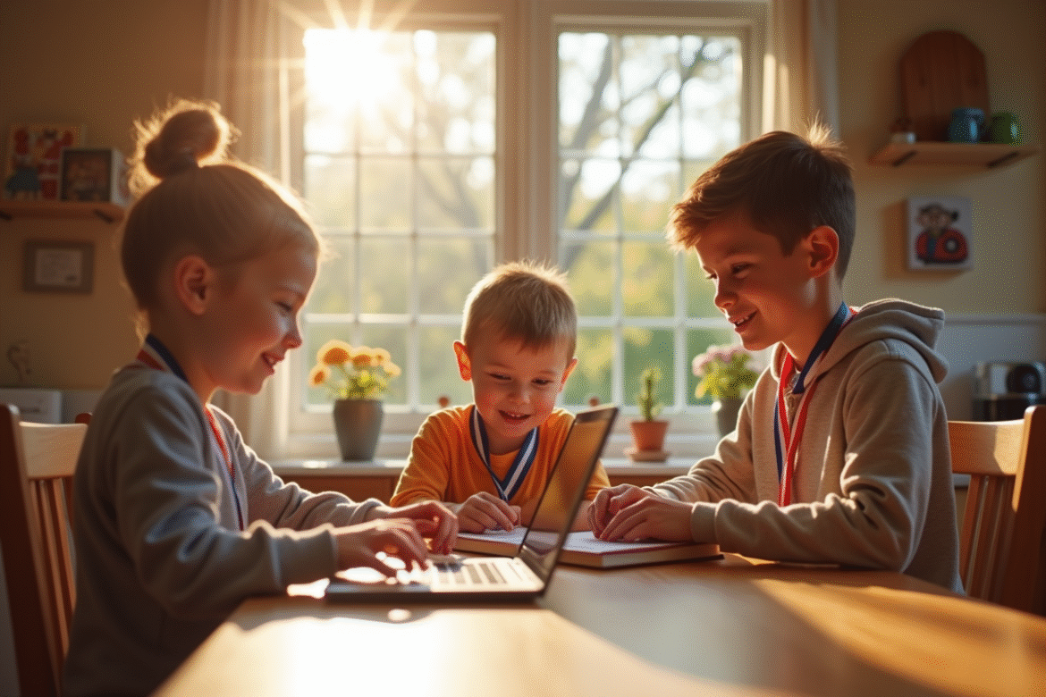 Trois frères et sœurs autour d'une table en famille