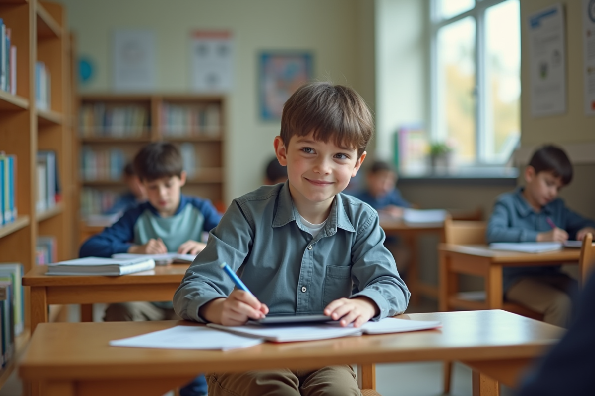 Garçon de 13 ans souriant en utilisant une tablette à la bibliothèque