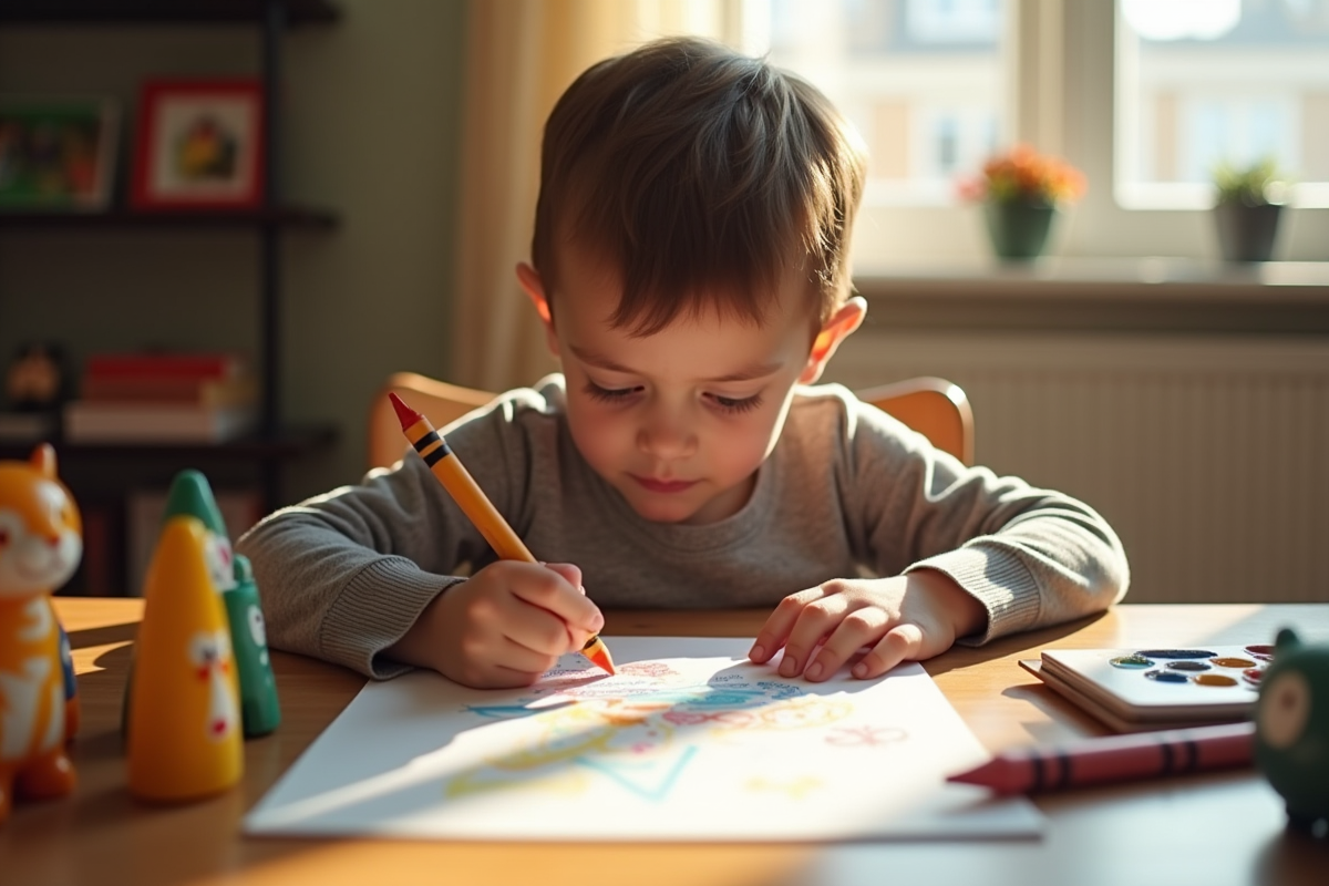 Garçon de 3 ans dessinant avec des gros crayons sur une table en bois