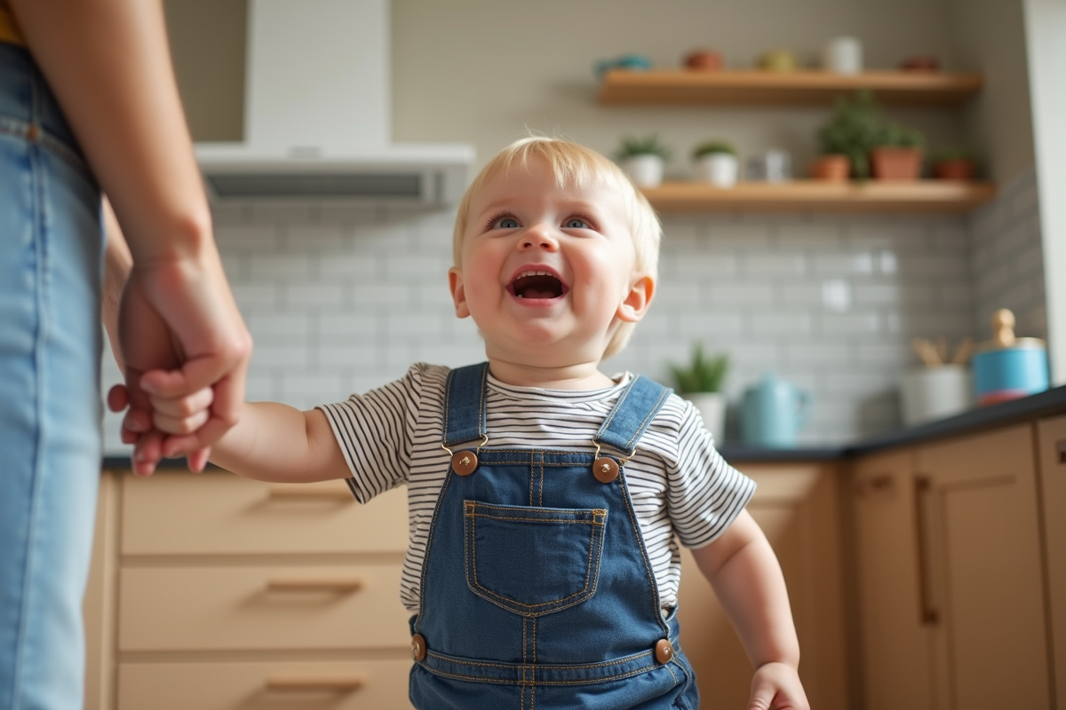 Garçon de 18 mois tendant la main à sa mère dans la cuisine lumineuse
