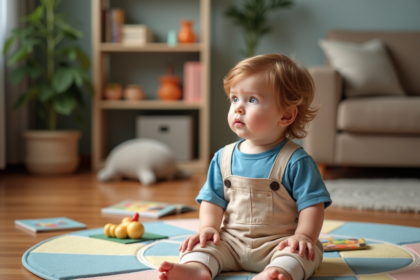Jeune garçon de deux ans assis sur un tapis coloré dans un salon chaleureux