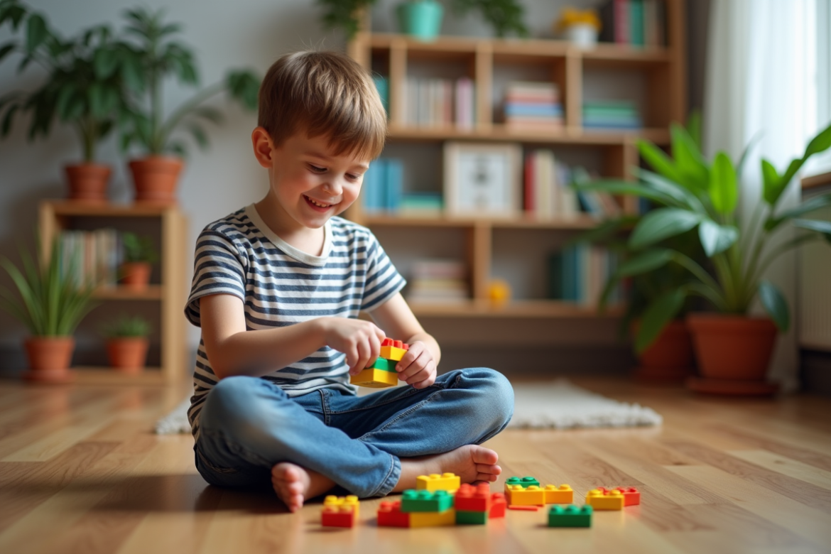 Garçon de 8 ans jouant avec des briques colorées