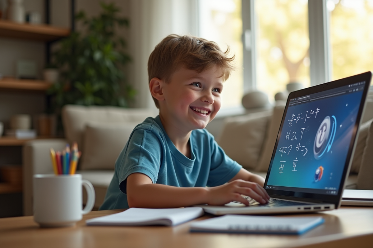 Jeune garçon souriant joue à des jeux de maths en ligne à la maison