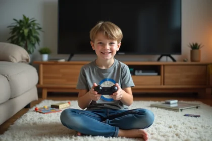 Garçon de 7 ans jouant avec une manette dans le salon