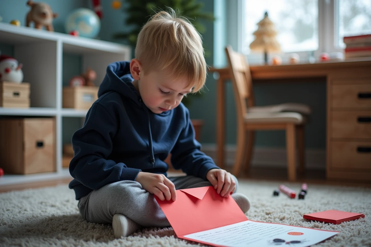 Garçon pliant sa lettre au Père Noël dans une enveloppe rouge dans sa chambre décorée pour Noël