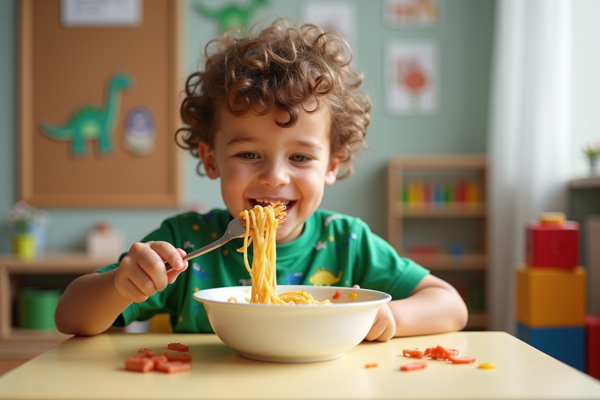 Garçon de quatre ans mangeant des spaghetti dans une salle de jeux colorée