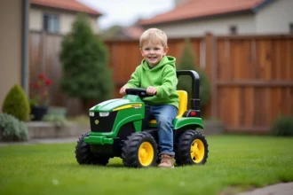 Jeune garçon souriant sur un tracteur électrique dans le jardin