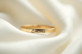 Gourmette en or gravée du prénom Emma posée sur une robe de baptême en satin blanc