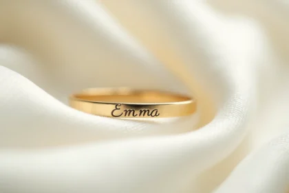 Gourmette en or gravée du prénom Emma posée sur une robe de baptême en satin blanc
