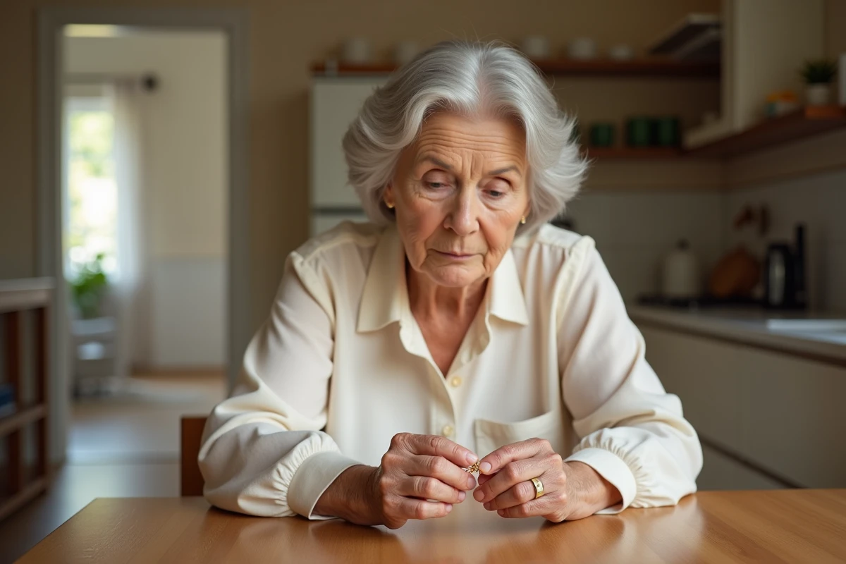 Grand-mère tenant une gourmette en or pour baptême et examinant la gravure avec émotion