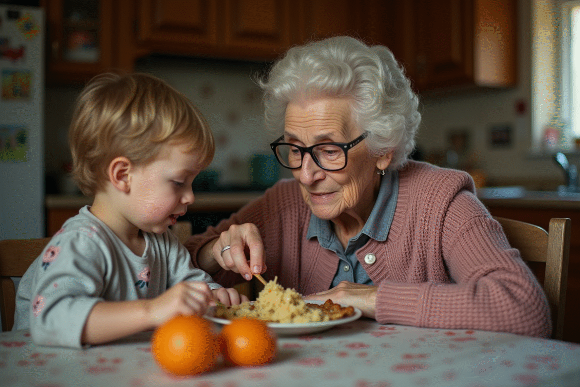 Une grand-mère âgée nourrit un enfant à la maison