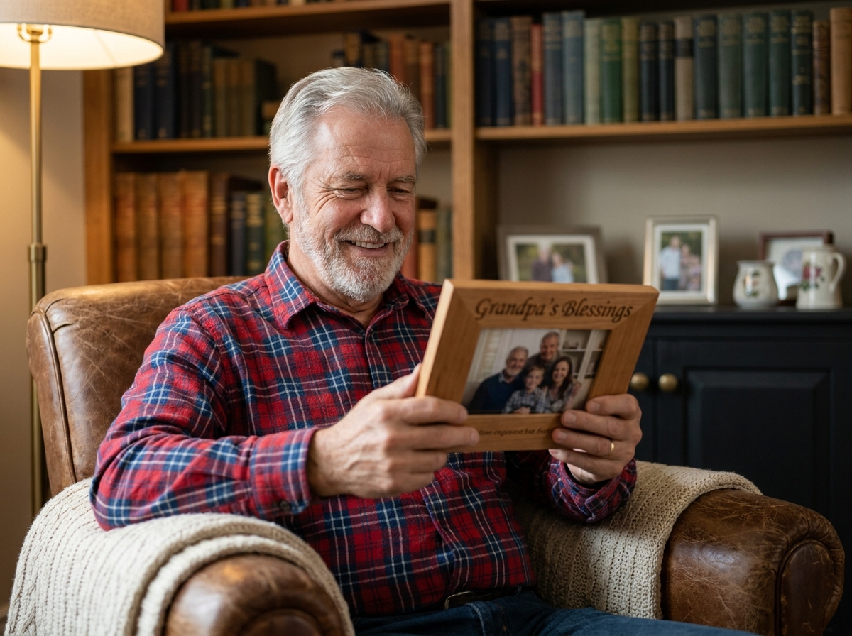 Grand-père ému tenant un cadre photo personnalisé gravé en bois dans son salon