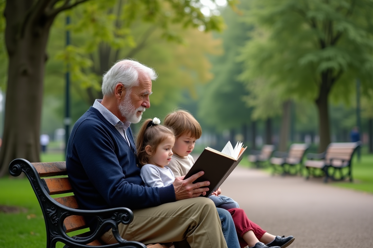 Grand-pere lisant une histoire à deux enfants dans un parc