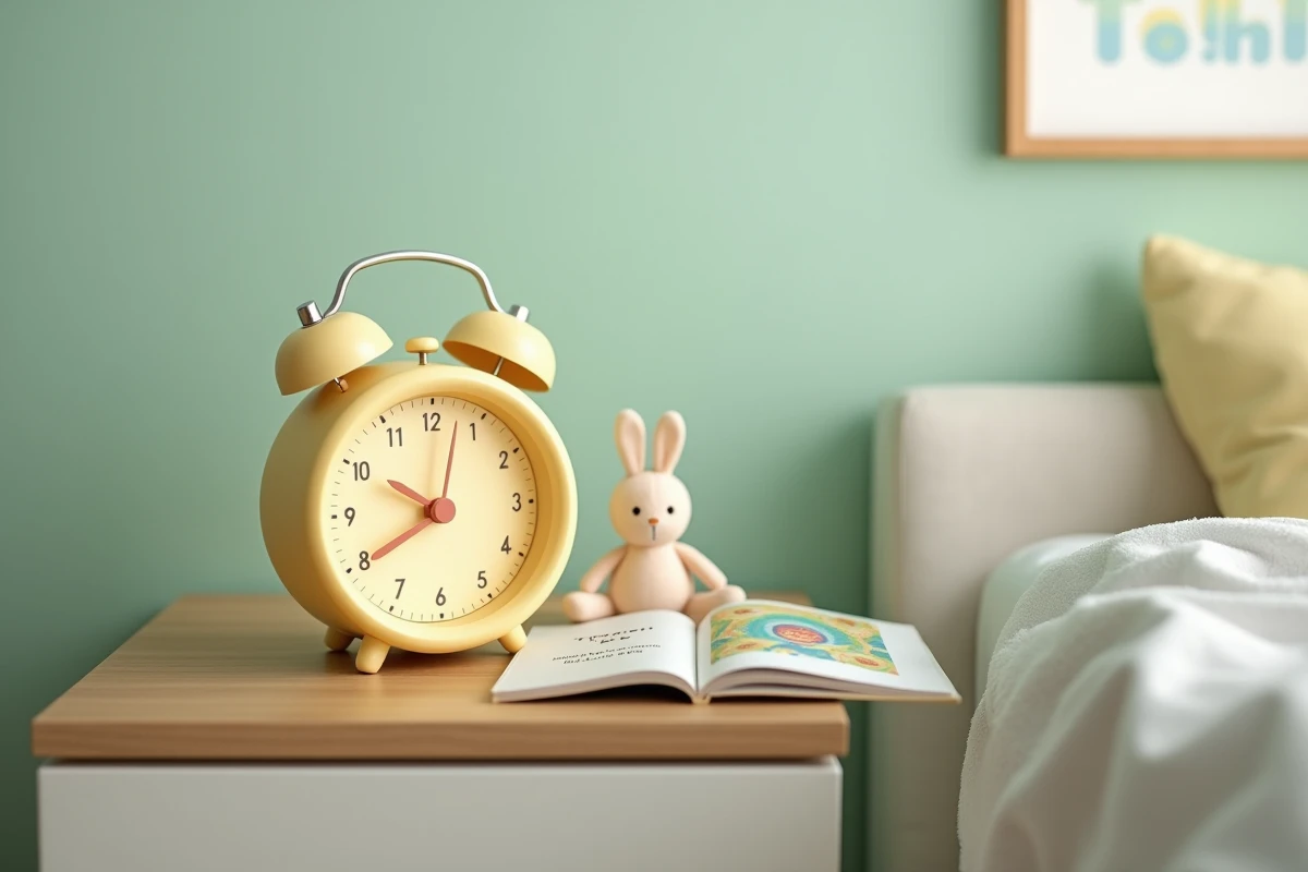 Gros plan d'un réveil veilleuse jaune pastel posé sur une table de nuit avec un livre illustré sur l'apprentissage de l'heure
