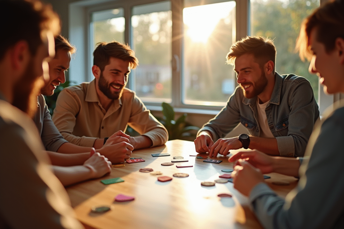 Groupe d'amis jouant à un jeu de cartes moderne en intérieur