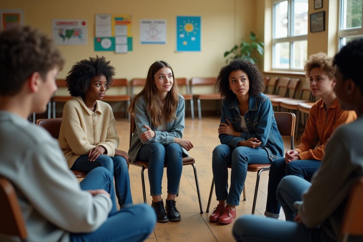 Groupe de personnes en discussion dans un centre communautaire